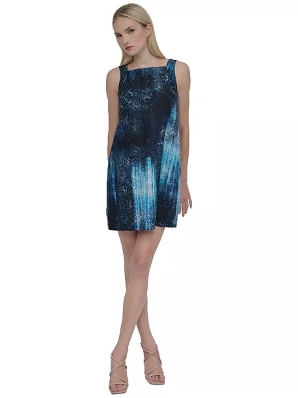 DKNY Womens Blue Faded Mandala Print Square Neck Linen Blend Shift Dress Size 16